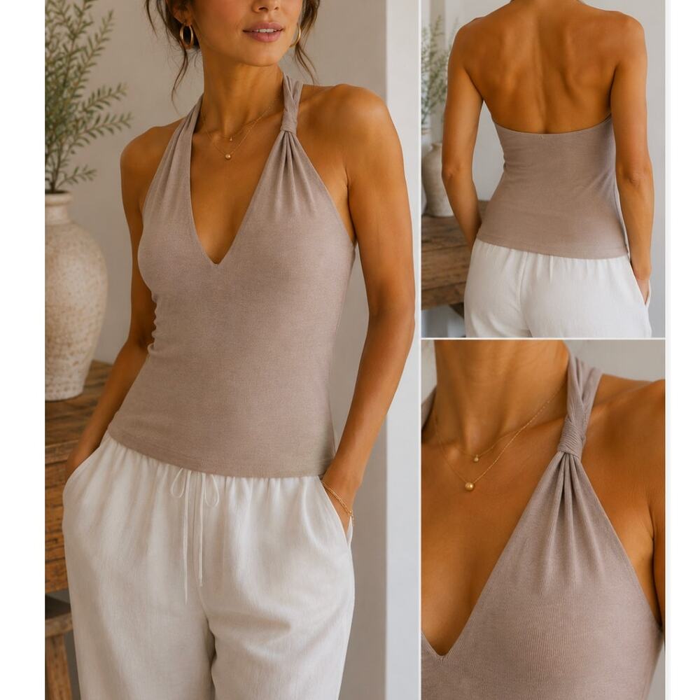 Enza Costa Taupe Ribbed Halter Top Built In Bra Twist Neck Back OS Minimalist